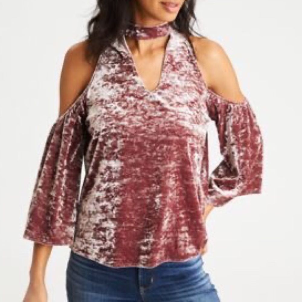 American Eagle Crushed Velvet Cold Shoulder Blouse